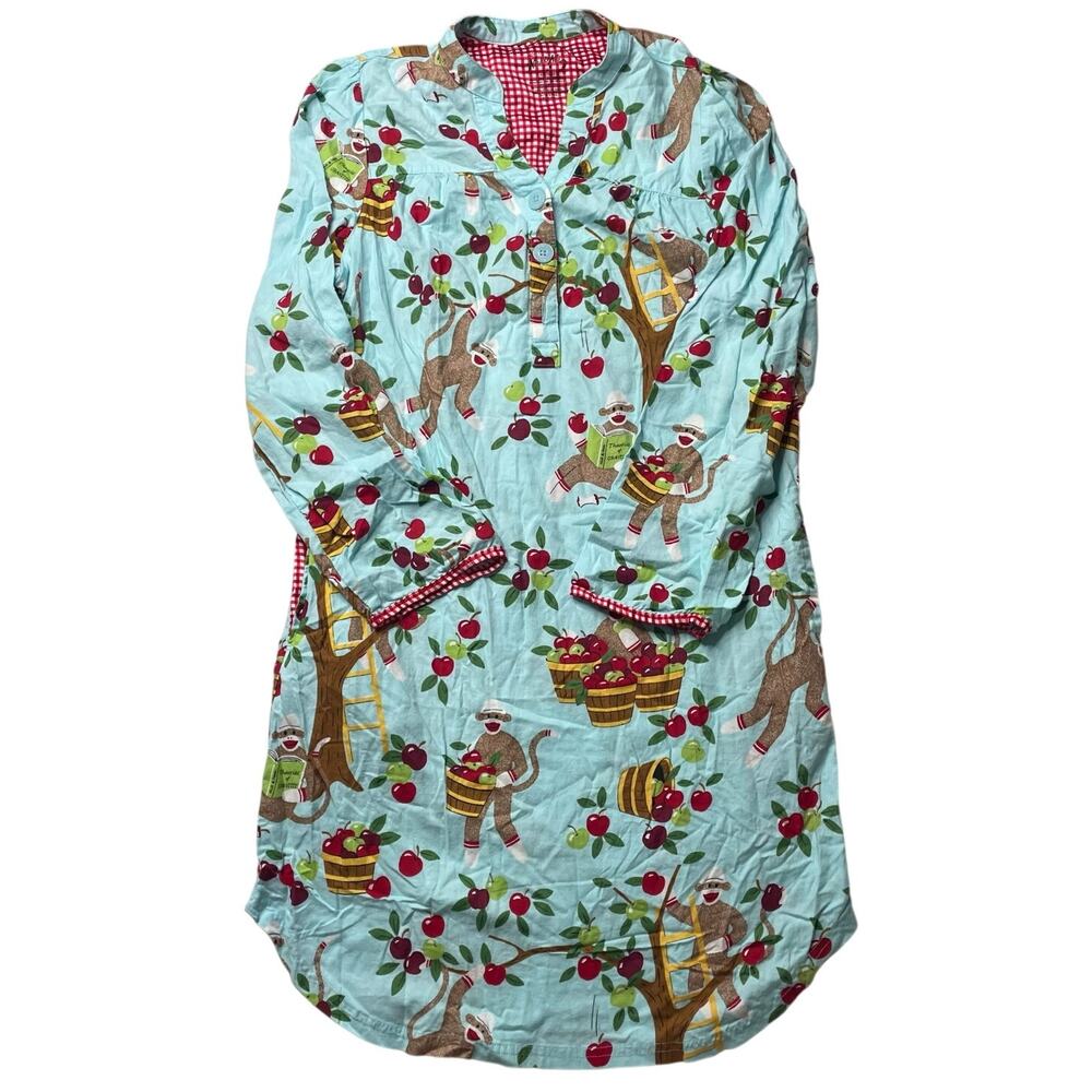 Nick & Nora Apple Picking Sock Monkey Print Sleep Pajama Dress Medium Women's